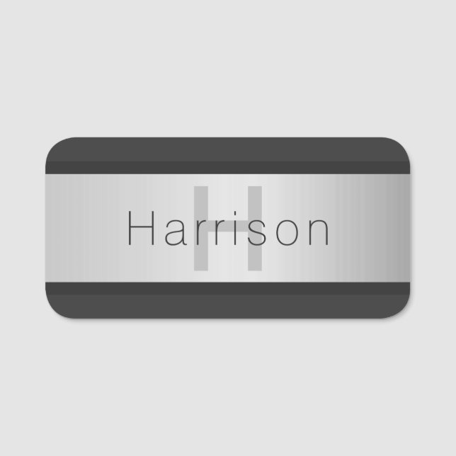 Ditt namn och Monogram | Grays & Faux Silver look Namnbricka (Framsida)