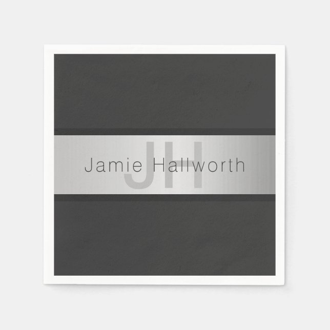 Ditt namn och Monogram | Grays & Faux Silver look Pappersservett (Framsidan)