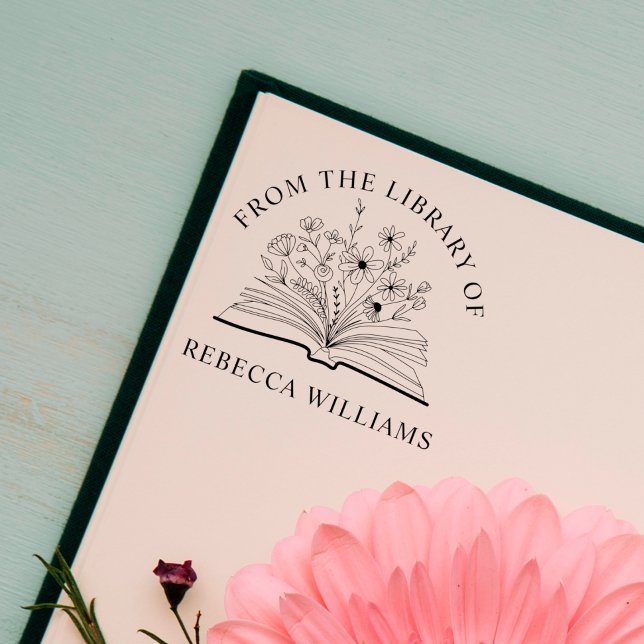 Ditt Namn Öppna Boken & Blommor Från Biblioteket H Självfärgande Stämpel (Skapare uppladdad)