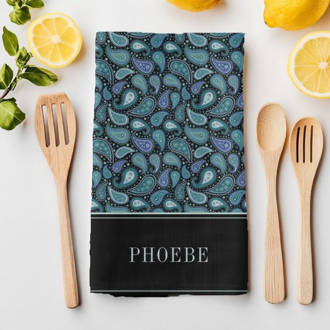Ditt namn på Eleagant Retro Blue Paisley Mönster Kökshandduk (Your Name On Eleagant Retro Blue Paisley Pattern Kitchen Towel)