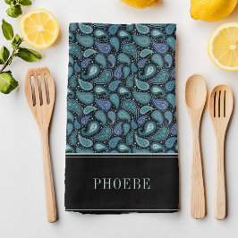 Ditt Namn På Elegant Retro Blå Paisley Mönster Kökshandduk