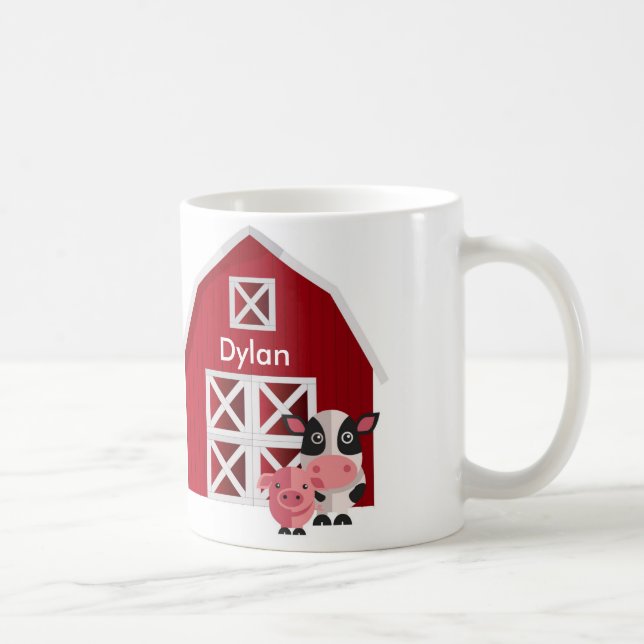 Ditt Namn Rött Stallet Med Gårdsdjur Barn Mugg (Höger)