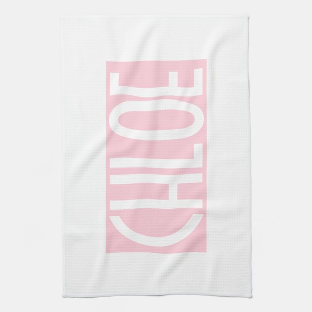 Ditt namn | Vit text i fetstil på Ljus rosa Kökshandduk (Vertikal)