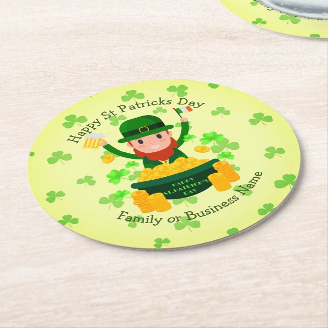 Ditt namnmeddelande St patricks day Leprechaun Gul Underlägg Papper Rund (Vinklad)