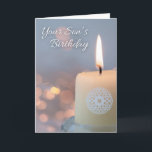 Ditt sons Birthday-minne med ljus Kort<br><div class="desc">Ett tänt ljus med en blå-grått-keltisk kontur och ljus i bakgrunden används för att minnas någons son på hans födelsedag. Berätta för vänner hur mycket deras son har betytt för er och andra med detta pappra kort för födelsedagsminnet. Speciell originalversen skriven inuti. Art, bild och versell copyright © Shoaff Ballanger...</div>