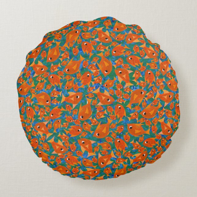 Ditzy Orange Fish on Grönt and Blue Round Pillow Rund Kudde (Baksidan)