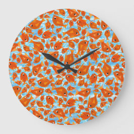Ditzy Orange Fishes Mönster på Watery Blue Clock Stor Klocka