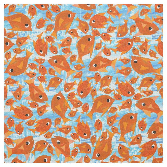 Ditzy Orange Fishes Mönster på Watery Blue Fabric Tyg (Provkarta)