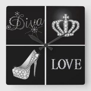 Diva Krona High Heel Kärlek Collage Fyrkantig Klocka