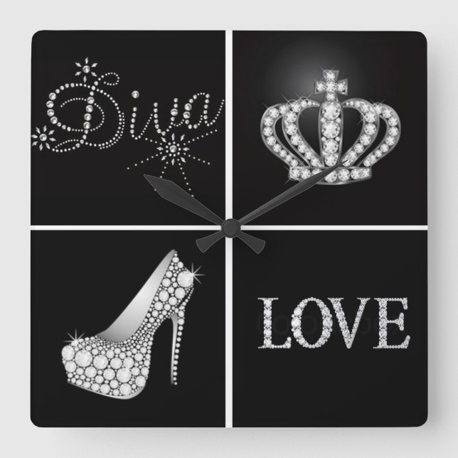 Diva Krona High Heel Kärlek Collage Fyrkantig Klocka (Framsida)