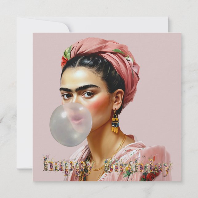 Diva med blomsterscarf som blåser bubbelgum kort (Framsida)