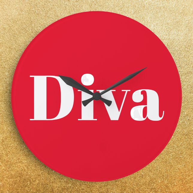 Diva Opera Singer Musical Performer Music Thmet Stor Klocka (A stylish wall clock in bright red with 'Diva' in large white lettering)