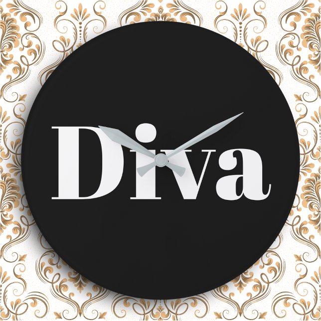 Diva Operasångerska Glam Musik Svart Vit Stor Klocka (A stylish black wall clock featuring the word 'Diva' in large white lettering)