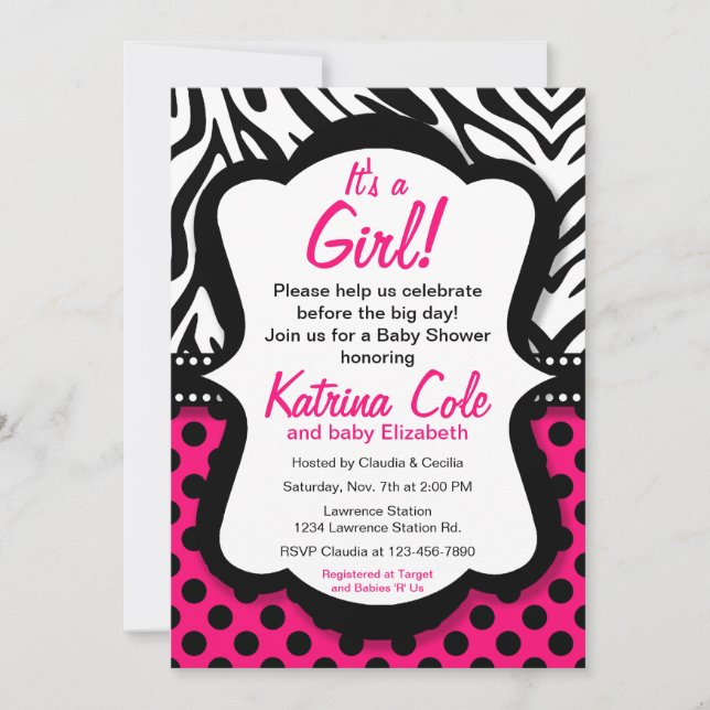 Diva Shock rosa Zebra Girl Baby Shower-inbjudan Inbjudningar (Framsida)