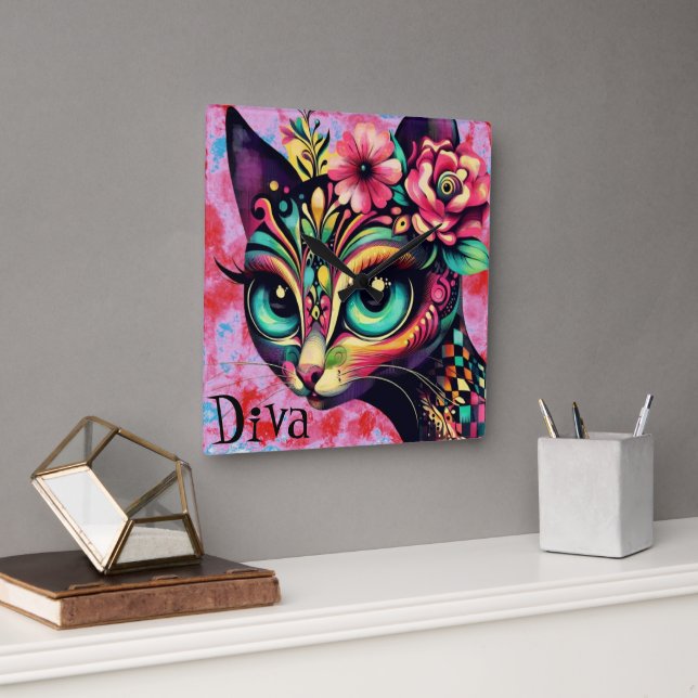 Diva Whimsical Big-Öga Cat Kattunge Blommigt Fyrkantig Klocka (Kontor)