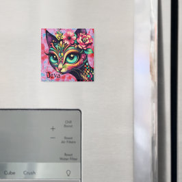Diva Whimsical Big-Öga Cat Kattunge Blommigt Magnet