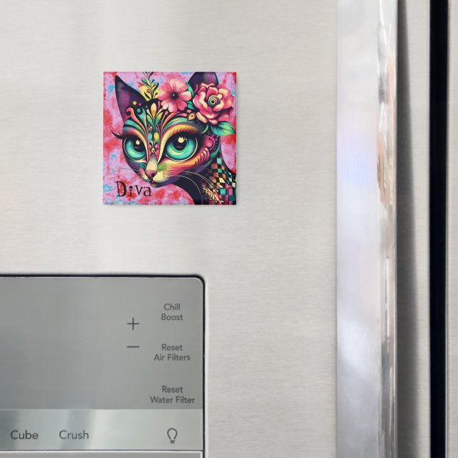 Diva Whimsical Big-Öga Cat Kattunge Blommigt Magnet (In Situ (Fridge))