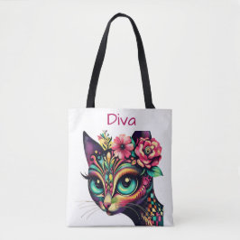 Diva Whimsical Big-Öga Cat Kattunge Blommigt Tygkasse
