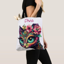 Diva Whimsical Big-Öga Cat Kattunge Blommigt Tygkasse