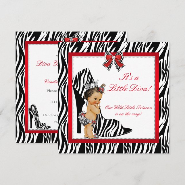 Diva Zebra Princess Girl Baby Shower Brunette Inbjudningar (Fram/baksida)