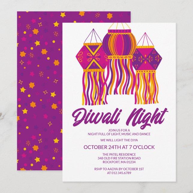 Divali Party Lila Rosa Lantern Festive Inbjudningar (Fram/baksida)