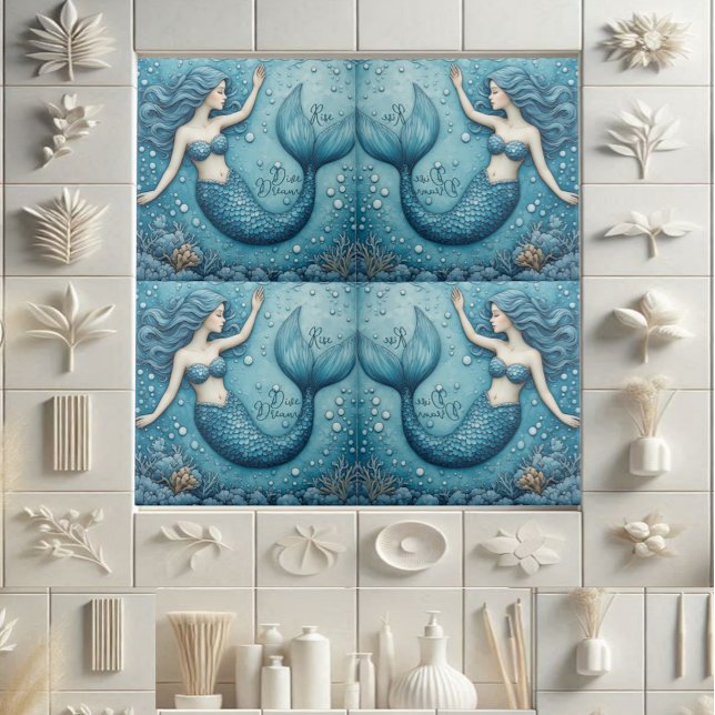 Dive Dream Rise Ocean Mermaid Aqua blue Coral Reef Kakelplatta (Dive Dream Rise Ocean Mermaid Aqua blue Coral Reef Ceramic Tile)