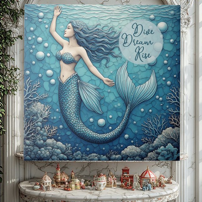 Dive Dream Rise Ocean Mermaid Swimmer Empowerment  Kakelplatta (Dive Dream Rise Ocean Mermaid Swimmer Empowerment Ceramic Tile)
