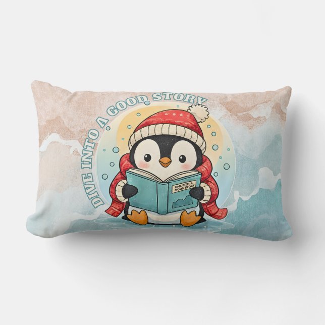 Dive Into A Good Story Cute Reading Penguin Pillow Lumbarkudde (Framsida)