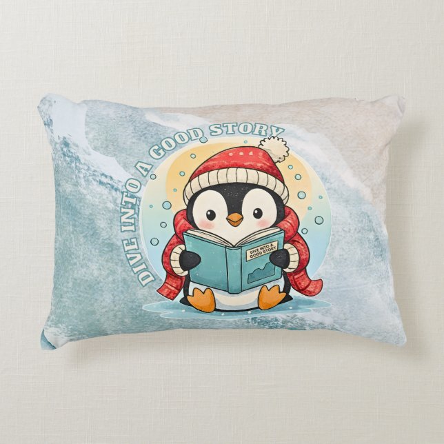 Dive Into A Good Story Reading Penguin Pillow Prydnadskudde (Framsidan)