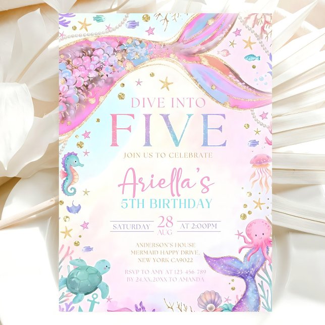 Dive into Five 5th Birthday Mermaid Invitation, Me Inbjudningar (Skapare uppladdad)