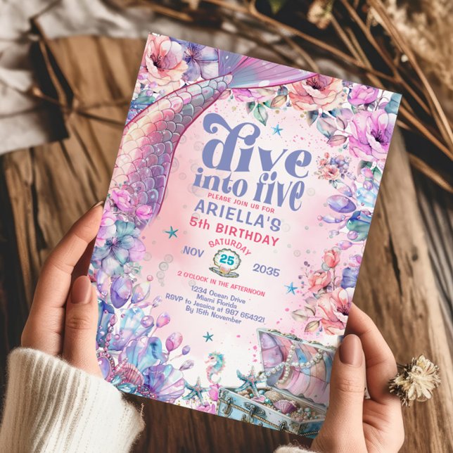 Dive into Five Flower Glitter Mermaid Tail  Inbjudningar (Skapare uppladdad)