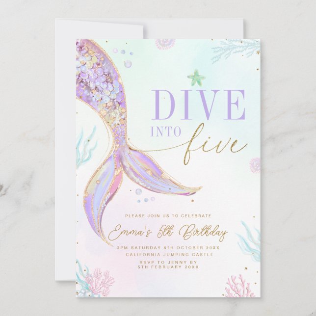 Dive into Five Mermaid Birthday Invitation Editabl Inbjudningar (Framsida)