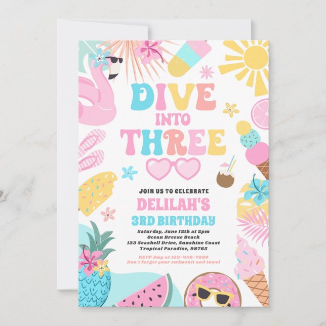 Dive Into Three Tropical Beach 3rd Birthday Party Inbjudningar (Framsida)