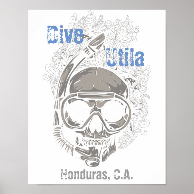 Dive Utila Honduras CA Skull Diver Poster (Framsidan)