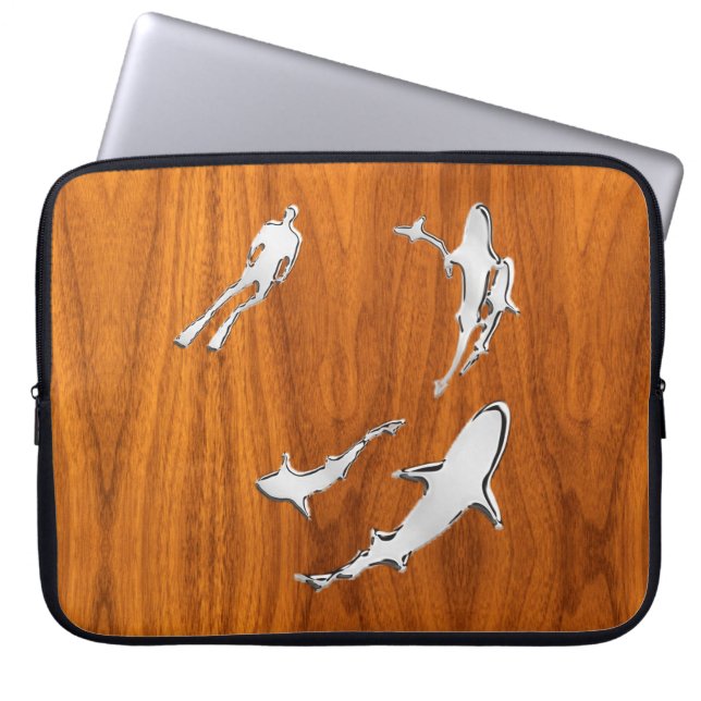Diver med Sharks Silhouettes på Teak Veneer Laptop Sleeve (Framsidan)