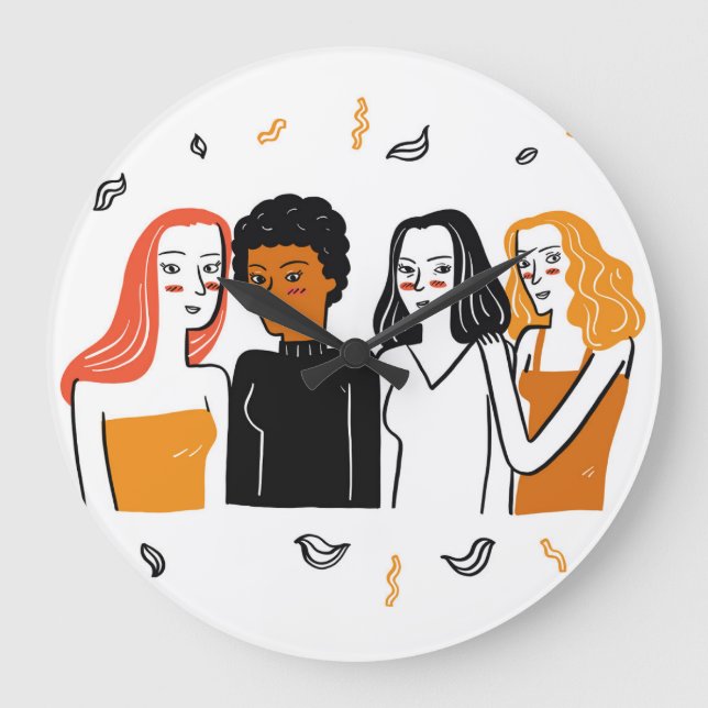 Diverse flickor, olika nationaliteter tillsammans. stor klocka (Framsida)