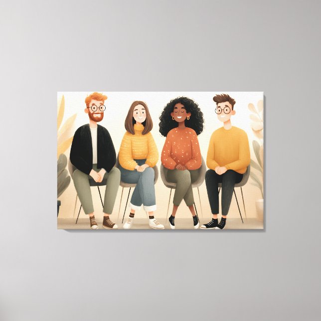 Diverse Friends Sitting Together Cozy Illustration Canvastryck (Framsida)