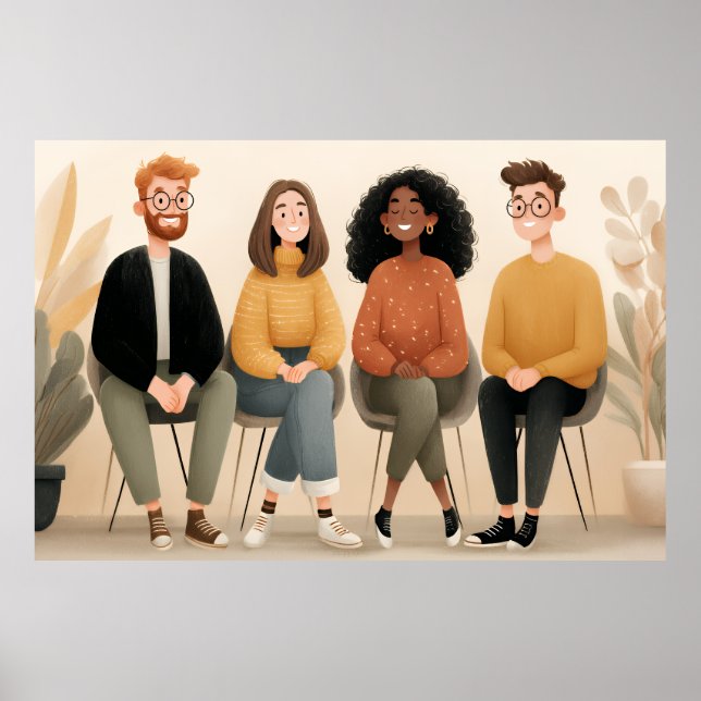Diverse Friends Sitting Together Cozy Illustration Poster (Framsidan)