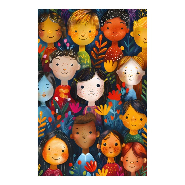 Diverse Happy Children Floral Pattern Illustration Fototryck (Framsidan)