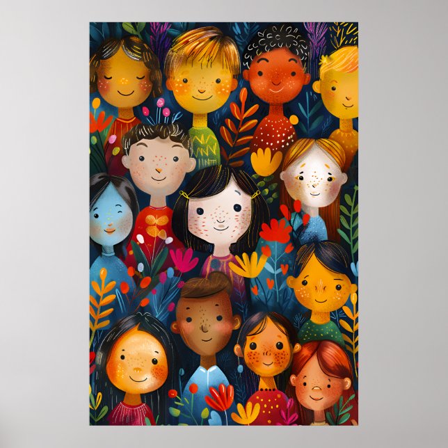 Diverse Happy Children Floral Pattern Illustration Poster (Framsidan)
