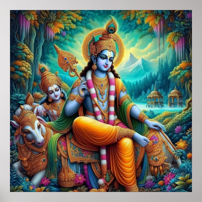 Divin blå andlig Krishna-konst Poster (Framsidan)
