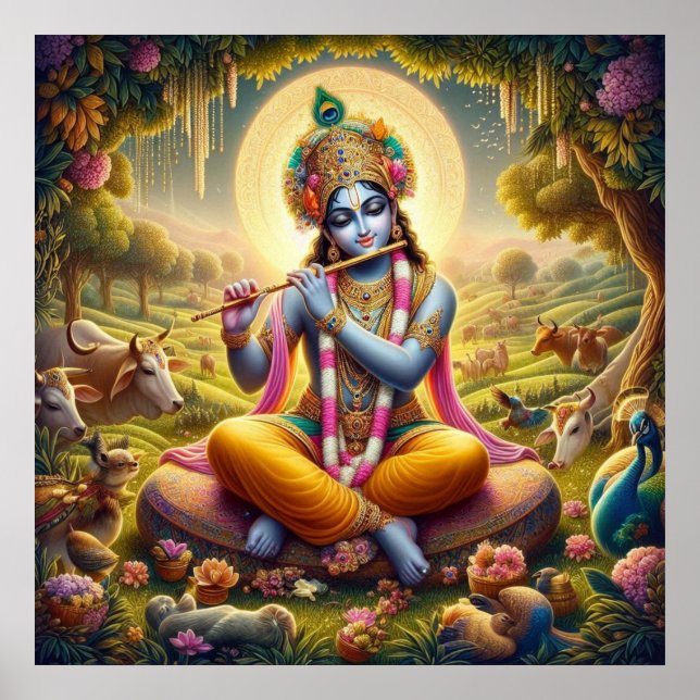Divin Guldflöjt Krishna Konst Poster (Framsidan)