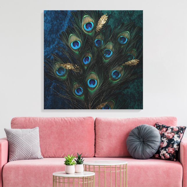 Divina Påfågelsfjädrar Väggkonst | Boho Andlig  Canvastryck (Insitu (Vardagsrum))