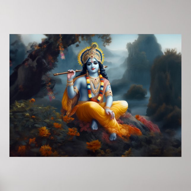 Divine Blå Lord Krishna Konst Poster (Framsidan)