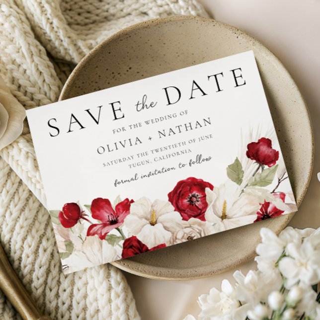 Divine Bloom: Vita & Röda Blommor Bröllop  Spara Datumet (Skapare uppladdad)