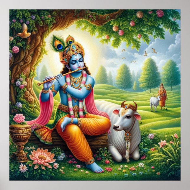 Divine Blue Krishna Flöjt Konst Poster (Framsidan)