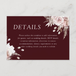Divine Blush Floral Deep Burgundy Wedding Details Tilläggskort