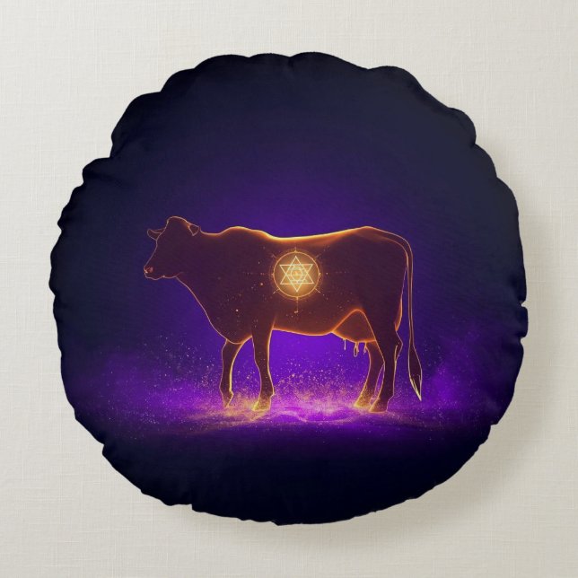 Divine Cow Silhouette | Govardhan Puja Spiritual Rund Kudde (Framsidan)