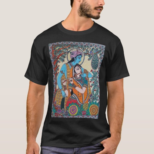 Divine Duo: Embrace the Spirit of Radha Krishna wi T Shirt (Framsida)