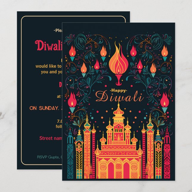 Divine Illumination: A Diwali Firande Inbjudningar (Fram/baksida)